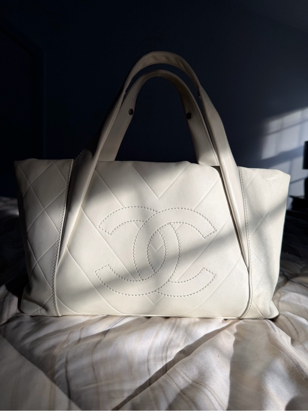 Chanel White Quilted Leather Tote Handbag